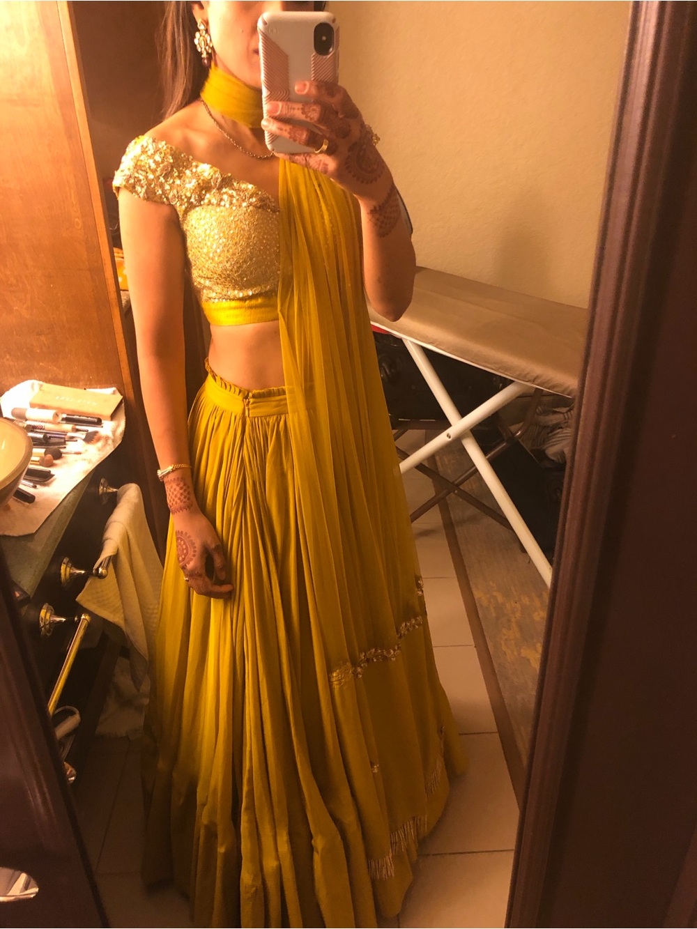 Yellow Sequined Crop Blouse with Flowing Circle Skirt Lehenga